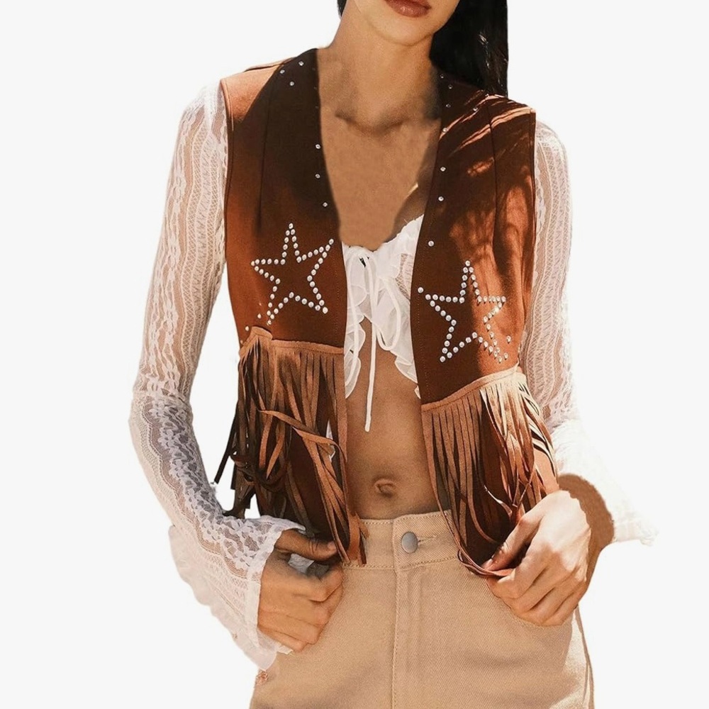 Women Rhinestone Star Open Front Vest Boho Fringe Trim Western Cowgirl Cropped